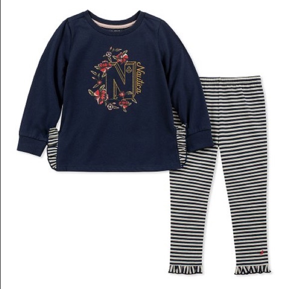 Nautica Navy Logo Tee/Stripe Ruffle-Hem Leggings